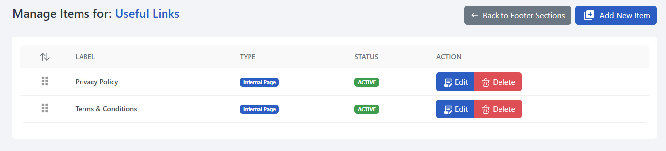 Footer Item Management UI